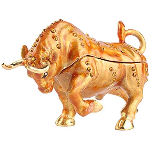 Hophen Golden Bull Cattle Ox Trinket Box Animal Figurine Collectible Jewelry Box Ring Holder Decorative Crafts (Ready Ox) Cover