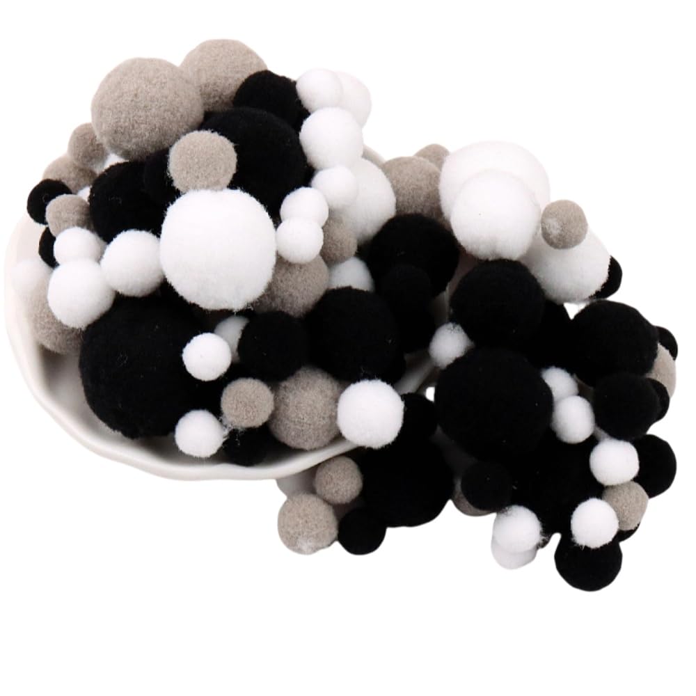 130 Pieces Assorted Sizes Pom Poms White and Black Series Arts Crafts Pompoms Balls for Hobby Supplies and Creative Craft DIY Material