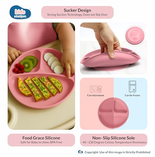 Image of Kids Station 8-Piece Silicone Baby Feeding Set | Suction Bowl, Plate, Bib, Cup, Spoon & Fork | 100% Food Grade BPA-Free Silicone | Non-Slip, Easy to Clean (Pack of 8, Dark Pink)