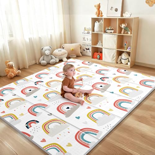 NOONKTY 79x71 Extra Large Baby Play Mat for Floor, Foldable Foam Playmat for Babies 0-12 Months & Kids, Non-Toxic Waterproof Baby Mat for Floor, Thick Playpen Mat for Tummy Time Crawling, Rainbow