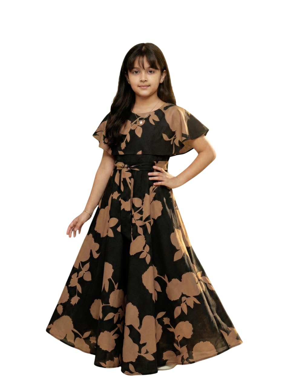 Girls Casual Floral Round Neck Cap Sleeves Fit and Flare Straight Full Length Gown Dress-image-18