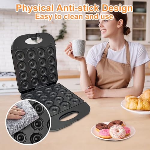 Image of 2026 Mini Donut Maker Machine for Home, Kid-Friendly 16-Hole Electric Doughnut and Pancake Maker with Non-Stick Surface, Ideal for Homemade Doughnuts (Black with Mini Oven Gloves & Brush)