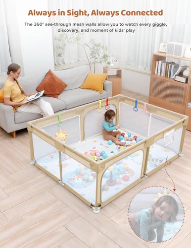 Image of Dripex Baby Playpen with Mat, 71 inchx47 inch Large Play Pen for Babies, Beige