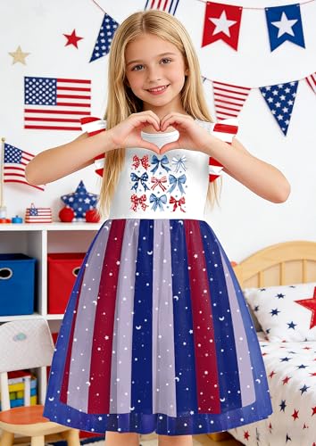 Image of Girls 4th of July Dress American Patriotic Outfit USA Independence Day Clothes Flutter Sleeve Tulle Tutu Dress 5-14y