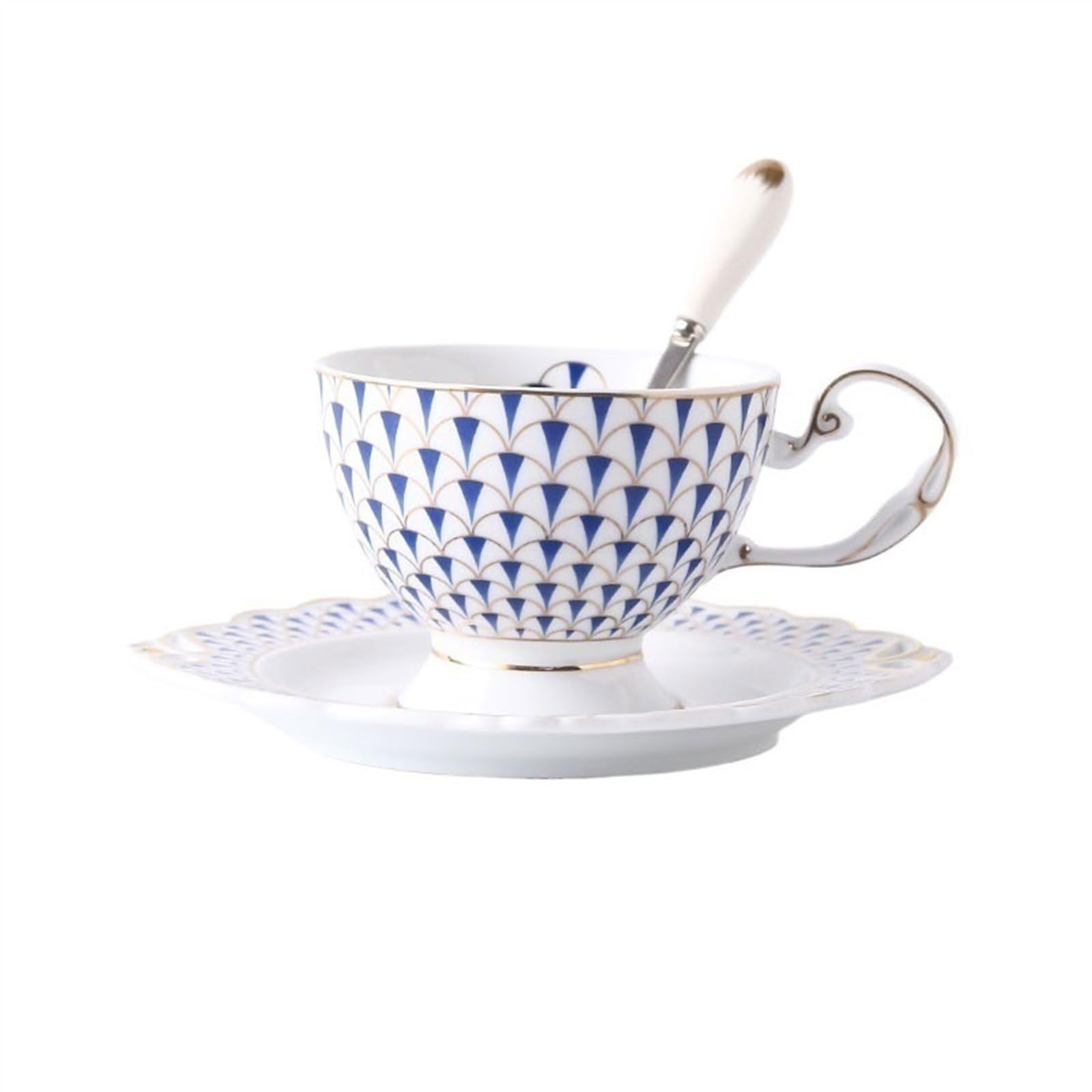 Kubek do herbaty Europejski luksusowy ceramiczny kubek do kawy podwieczorek z filiżanką i spodkiem łyżeczką filiżanki czarnej herbaty ze złotymi brzegami(Blue)