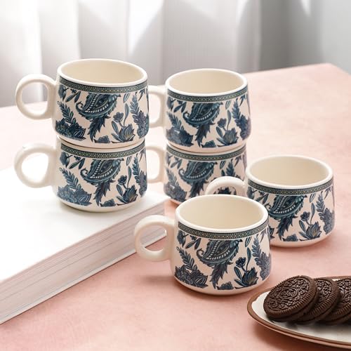 Image of miah decor Ceramic Tea Cups Set of 6 - Blue White | Handcrafted Stoneware Floral Printed Finish | Microwave & Dishwasher Safe Coffee Cups & Mugs for Home, Office & Gifting - Every Occasion | 180ml