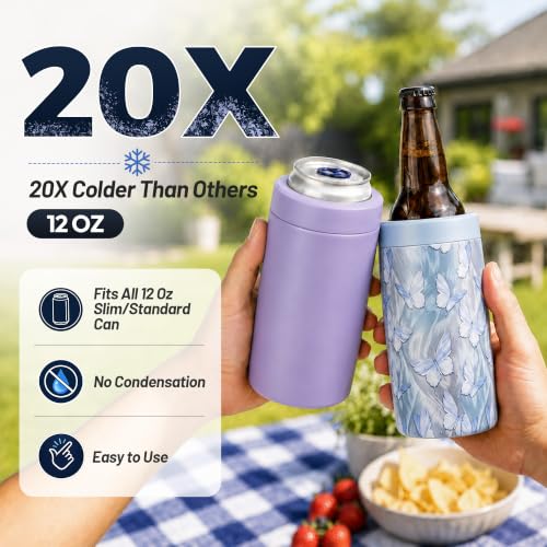 Image of 4-in-1 Slim Can Cooler Easy to Hold Insulated Beer Can Holder Double-Walled Stainless Steel for All 12 Oz Cans Blue Butterfly