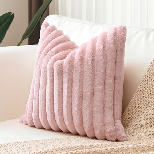 Sungeek Set of 1 Blush Pink Faux Rabbit Fur Cushion Cover 50x50 cm, Soft Cozy Plush Striped Decorative Throw Pillow Covers 20x20 Inch Velvet Square Pillowcases for Sofa Bedroom - Image 3