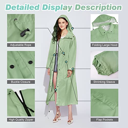SOPPY Regenmäntel für Damen, winddicht Regenponcho, leichter Regenmäntel lange Regenjacke langer wasserdichter Mantel, schnell trocknend, Regenmäntel mit Kapuze für Damen, Minzgrün, XL