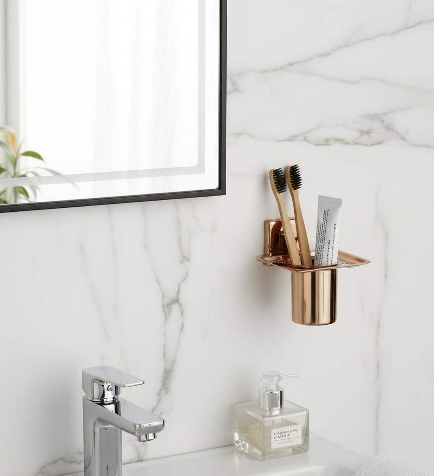 Image of EASYHOME FURNISH Premium 304 Stainless Steel Toothbrush Holder with Tumbler Cup - Wall Mounted Bathroom Organizer Stand for Toothpaste & Brushes, Rustproof Rose Gold PVD Mirror Finish (Square-26RG)