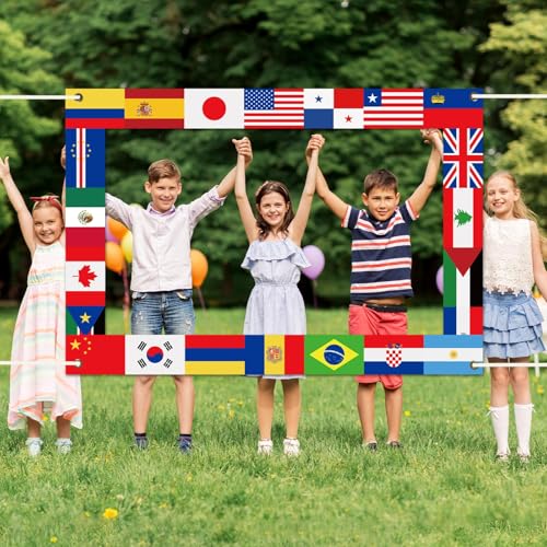 Fabric International Flag Photo Prop World Flags Photo Booth Frame International Welcome Photography Backdrop Around The World Background for Country Sports Events Party Favors Decor 62 x 42Inch - Image 6