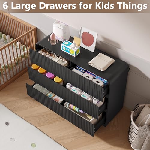 Image of BORNOON Dresser for Bedroom with 6 Drawers, Fluted Chest of Drawers with Round Curved Corner, Hidden Handles, Modern Wood Storage Organizer for Bedroom, Nursery, Living Room