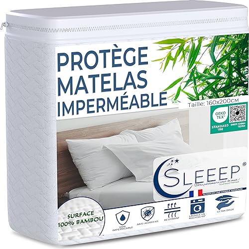 Protege Matelas 160x200, Fibre de Bambou, Oeko-Tex, 100% Imperméable