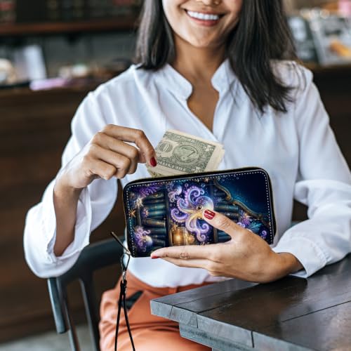 Image of Women's Wallets Credit Card Holder Money Leather Long Wallet | Long wallet with Wristlet,Large Capacity with Zip-Around Phone Purse for Women Ladies Girls,Octopus Bookshelf