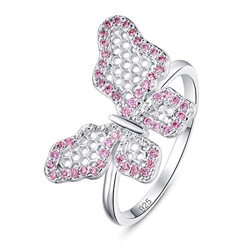 Emsione 925 Sterling Silver Plated Created Pink Topaz CZ Pave Butterfly Lattice Cocktail Party Rings Eternity Bands for Women Size 9