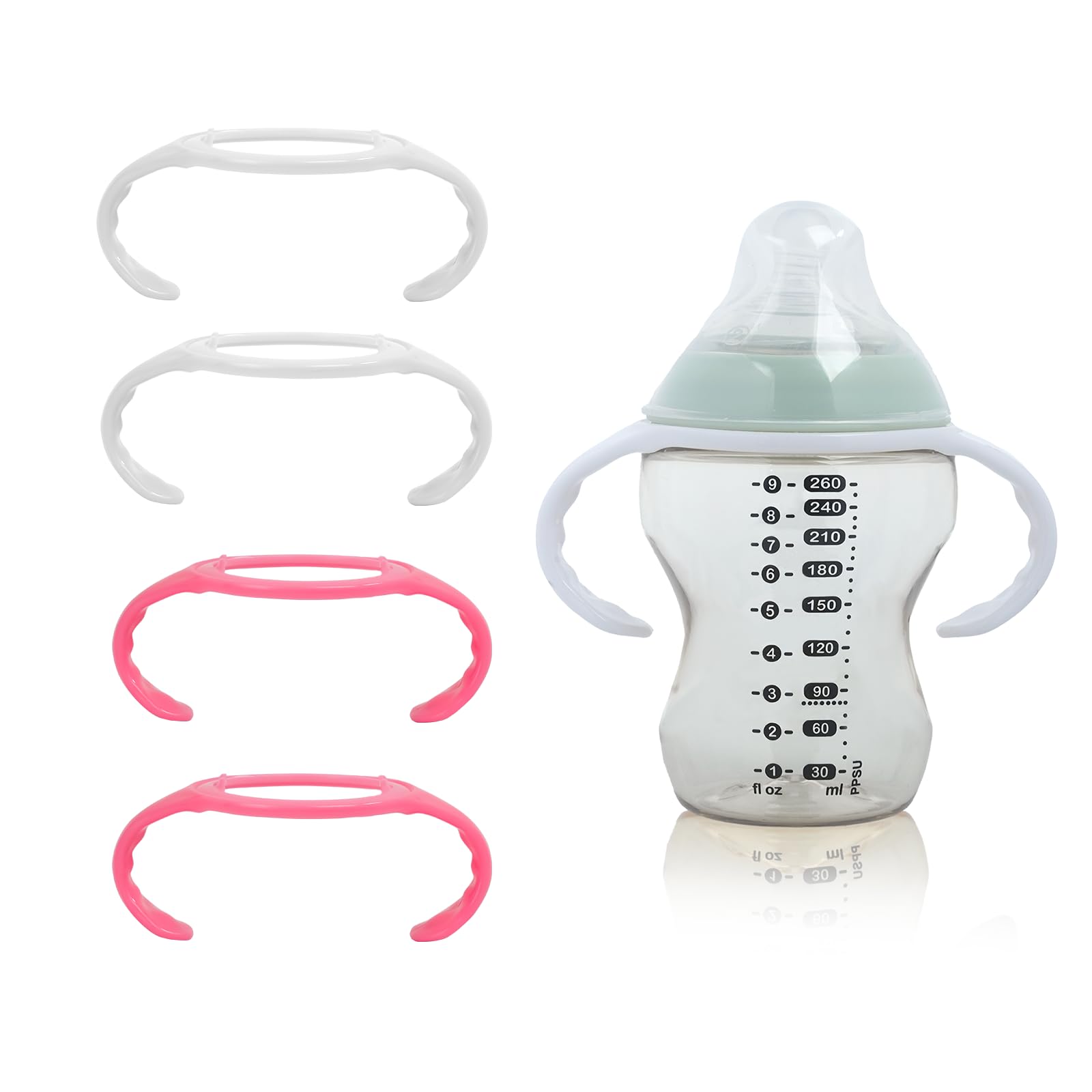 4Pack Bottle Handles for Tommee Tippee Closer to Nature Bottle 5/9oz, Bottle Holder for Easy Grip, Eay to Clean and Install, White and Pink (Only Compatible with Tommee Tippee Closer to Nature Bottle)