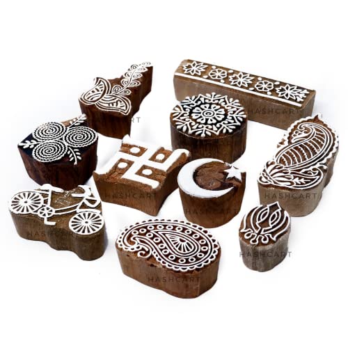 Image of Set of 10 | Wooden Stamps Designer Blocks for Scrapbooking | Saree Border | Handmade Baren for Project Designing | Fabric Textile | Clay | Pottery Craft