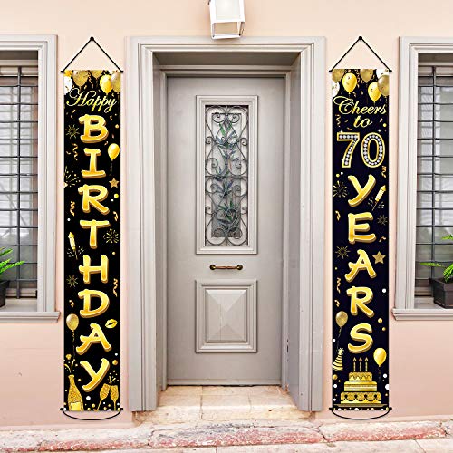 Party-Banner zum 70. Geburtstag, Party-Dekoration "Cheers to 70 Years", Schwarz / Gold, Willkommensschild für drinnen und draußen (70 Jahre Geburtstag) Cover