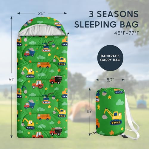 Wake In Cloud - Bolsa de Dormir Infantil con Diseño de Vehículo de Construcción, para Niños, Ligera y Compacta para Camping en 3 Estaciones miniatura 2