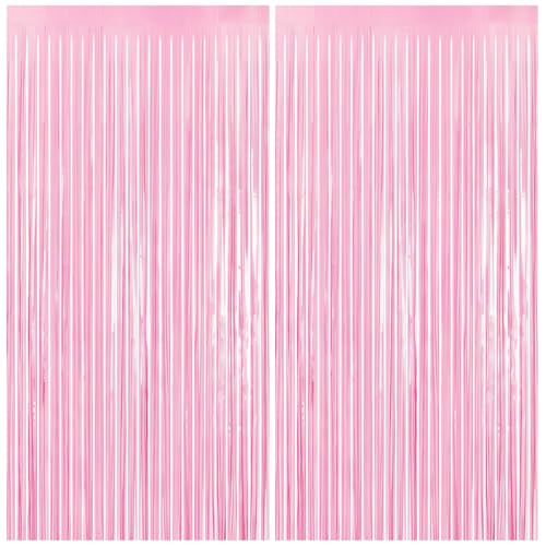 Image of Thicken Pastel Pink Party Backdrop 2 Pack 3.3x6.6 ft, Baby Pink Tinsel Foil Fringe Streamers for Baby Shower, Birthday, Princess, Tea, Valentines, Bow Themed Party Decorations