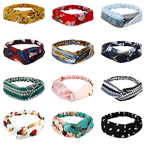 COSYOO Fashion Boho Headbands for Women 12PCS Hair Band Elastic Vintage Button Knotted Headbands Head Wrap Floral Bandeau Headbands