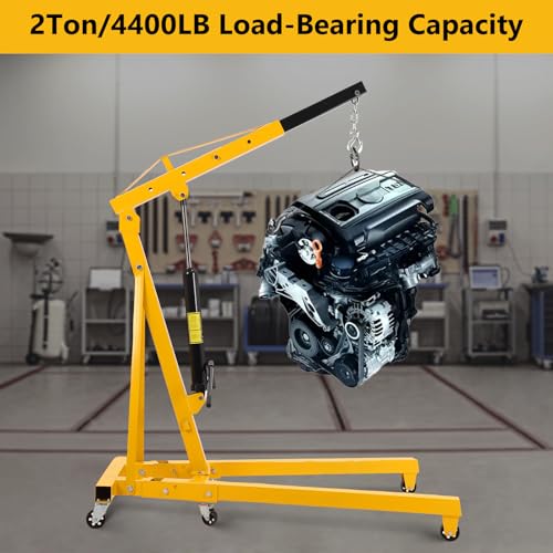Image of 2 Ton Hydraulic Engine Hoist, Heavy Duty Shop Crane with 6 Swivel Casters & Adjustable Cherry Picker Boom, Hydraulic Pump Hoist for Garage Workshop Truck SUV Engines, Yellow