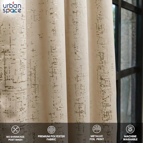 Image of Urban Space 80-85% True Blackout Curtains for Door, Gold Foil Printed Blackout Curtains, Blackout Decorative Door Curtain Eyelet with Tieback, 1 Piece Curtain for Living Room(Sparkle Beige, 8 Feet)