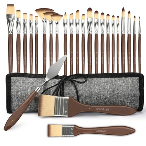 25 PCS Paint Brush Set, Acrylic Paint Brushes with Palette Knife & Portable Canvas Roll for Acrylic, Oil, Watercolor Painting, Professional Artists