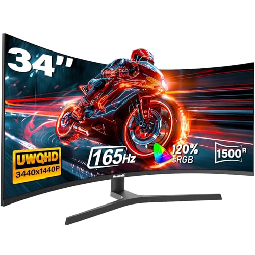 Gawfolk 34 inch Ultrawide Curved Gaming Monitor, 1500R PC Screen 165Hz UWQHD 3440x1440, with Height Adjustment, FreeSync