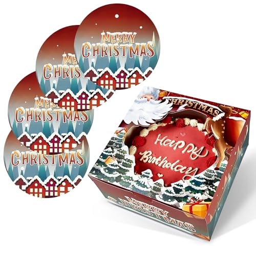 Gcardist Caixa para bolos de Natal de 25,4 x 25,4 x 12,7 cm, 5 conjuntos de caixas de cartão para bolos de Natal com janela e 5 conjuntos de tábuas redondas de 25,4 cm, suporte para bolos de 25,4 cm