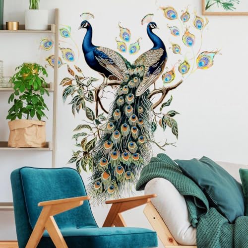 WandSticker4U®- Élégants stickers muraux animaux adulte PAON bleu/dorés grand (102x96 cm) I Autocollant mural oiseaux exotique zen I Déco murale chambre adulte salon cuisine couloir meuble XXL