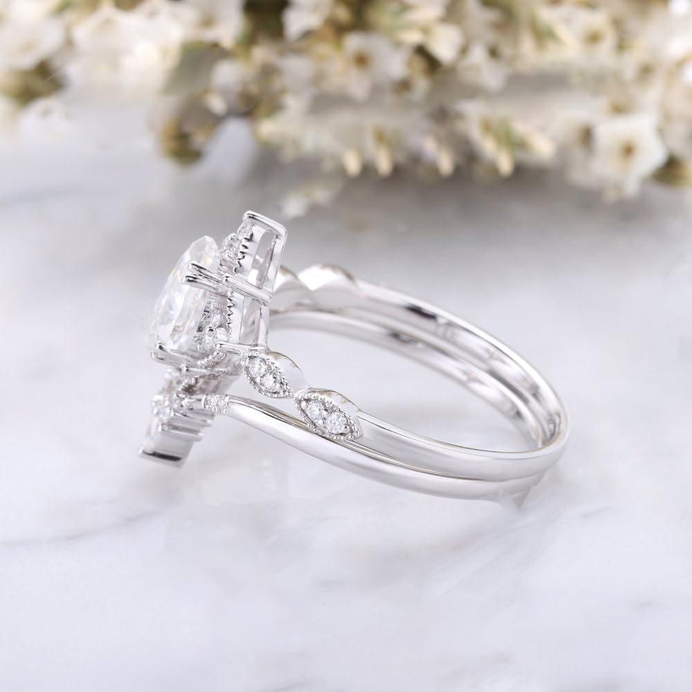 1.0 ct Pear Shaped Moissanite/Moss Agate Rings For Women Vintage Pear Wedding Ring Set S925 10K 14K 18K White Rose Yellow Gold Bridal Sets Wedding Rings