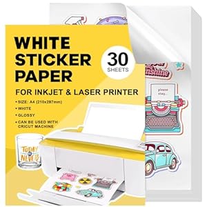 Papier Autocollant A4 30Pcs - Feuilles Blanches Imperméables Pour Imprimante à Jet D'encre Laser 21 x 29,7 cm