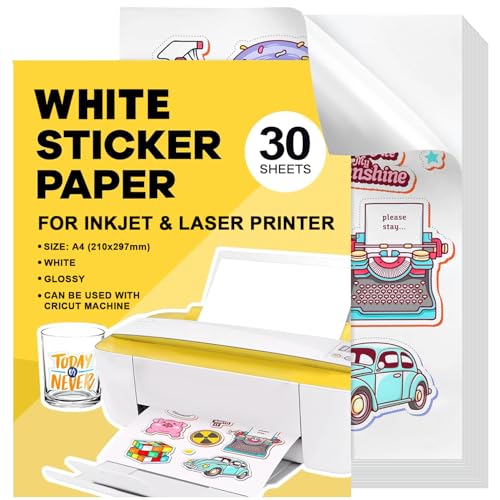 Blanco Papel Adhesivo Para Imprimir Adhesivo 30Pcs A4 Imprimible impermeable Pegatina Para Imprimir Para Impresoras Láser y De Inyección De Tinta Secado Rápido 21 * 30cm(Blanco-impermeable)