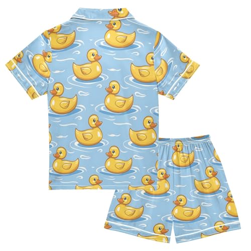 ALAZA Yellow Duck Wave Sea Pajamas Satin Pajama Set Short Sleeve Button Down Sleepwear2