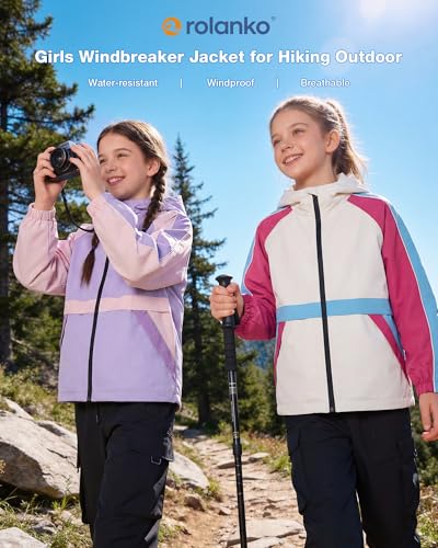 Image of Rolanko Girls Windbreaker Jacket Lightweight Water Resistant Hooded Outwear Jacket for Kids Boys Outdoor Hiking School Travel