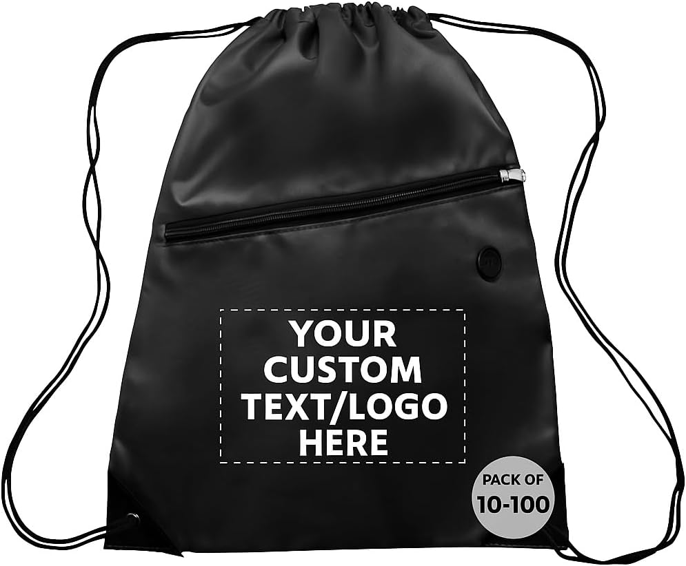 DISCOUNT PROMOS Custom Drawstring Backpacks with Pocket Set of 10/50/100, Personalized Bulk Pack - Water Resistant, Perfect for Gym, Camping, Beach, Outdoor Sports - Black