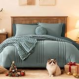 Monbix King Size Comforter Set - 7 Pieces Bed in a Bag King, Sage Green Bedding Sets with Comforter, All Seasons Comforter Bed Set with Sheets, Pillowcases & Shams
