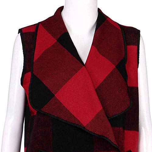Womens Casual Lapel Open Front Plaid Vest Cardigan Coat With Pockets Sleeveless Fashion Buffalo Plaid Outerwear Vests Plus Size Vintage Fall Cardigan Vest Shacket (Red, Xl) #TOP2