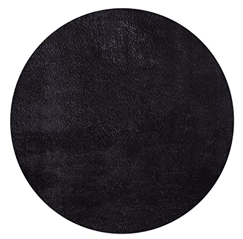Mias Teppiche Mia´s Tapis Taos Tapis Moelleux à Poils Courts, Dessous antidérapant, Lavable à 30 degrés, Super Doux, Aspect Fourrure, Noir, 120 cm Rond
