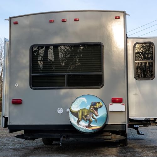 Image of Delerain Spare Tire Cover Dinosaur Surfing Wheel Covers Sun Protection Waterproof for Truck RV Trailer SUV and Many Vehicle (14 Inch for Diameter 23 inch-27 inch)