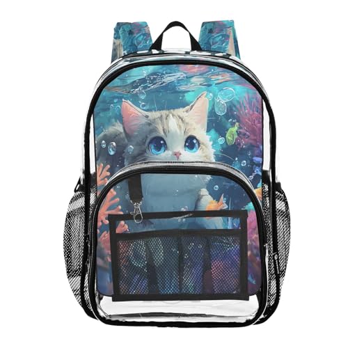 Cute Cat Fish Coral Reef Clear Backpack Heavy Duty See Through Transparent PVC BookBag for Kids Boy Girl School Work