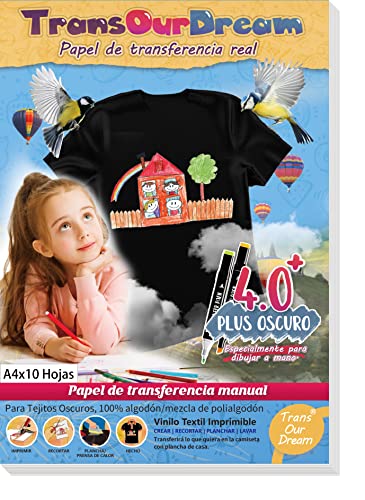TransOurDream-Papel de Transferencia Térmica Para Tejido Oscuro,dibujo a mano y pintura manual(A4x10 Hojas) No se necesita imprimir,Diseñado especialmente para niños, ES-3-4.0-10