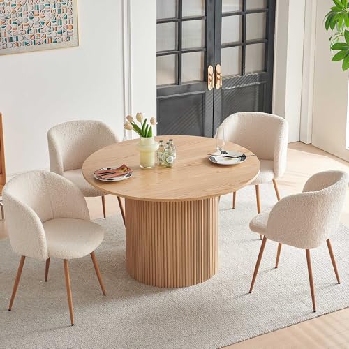 NORDICANA 5-Piece Wooden Round Dining Room Table and Chair Set, 47-Inch Kitchen Table with Barrel Chairs for 4, Off White Upholstered Sherpa Dining Set, MDF Core with Oak Finish