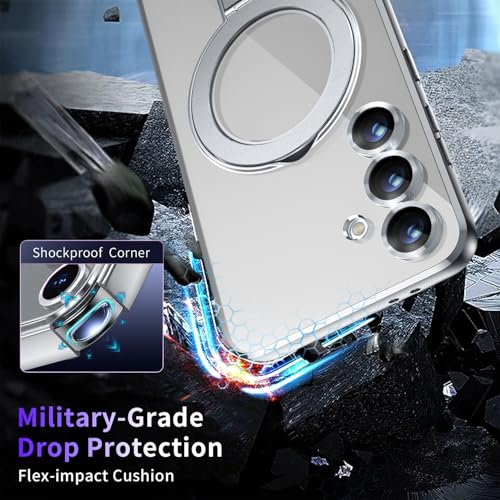 Image of Magnetic Stand & Full Camera Lens Protector Case for Samsung Galaxy S24 [Compatible with MagSafe][Military Drop Protective] Not Yellowing Clear Slim Soft S24 Phone Case for Women Men,Silver