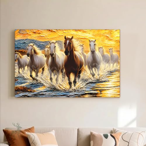 Image of PAINTINGMANTRA 9 Running Horses Vastu Stretched Canvas Painting For Living Room| Strength & Forward Energy Nine Horse Painting for Bed Room, Home & Office, 22x34 Inch