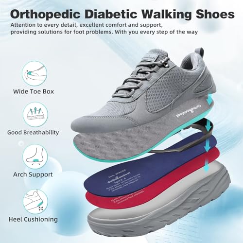 Men's Orthopedic Diabetic Extra Wide Width Toe Box Walking Shoes: Fit Comfortable Neuropathy Plantar Fasciitis Orthotic Arch Support Heel Pain Relief Sneakers, Casual Swollen Shoes Grey Size 10.52
