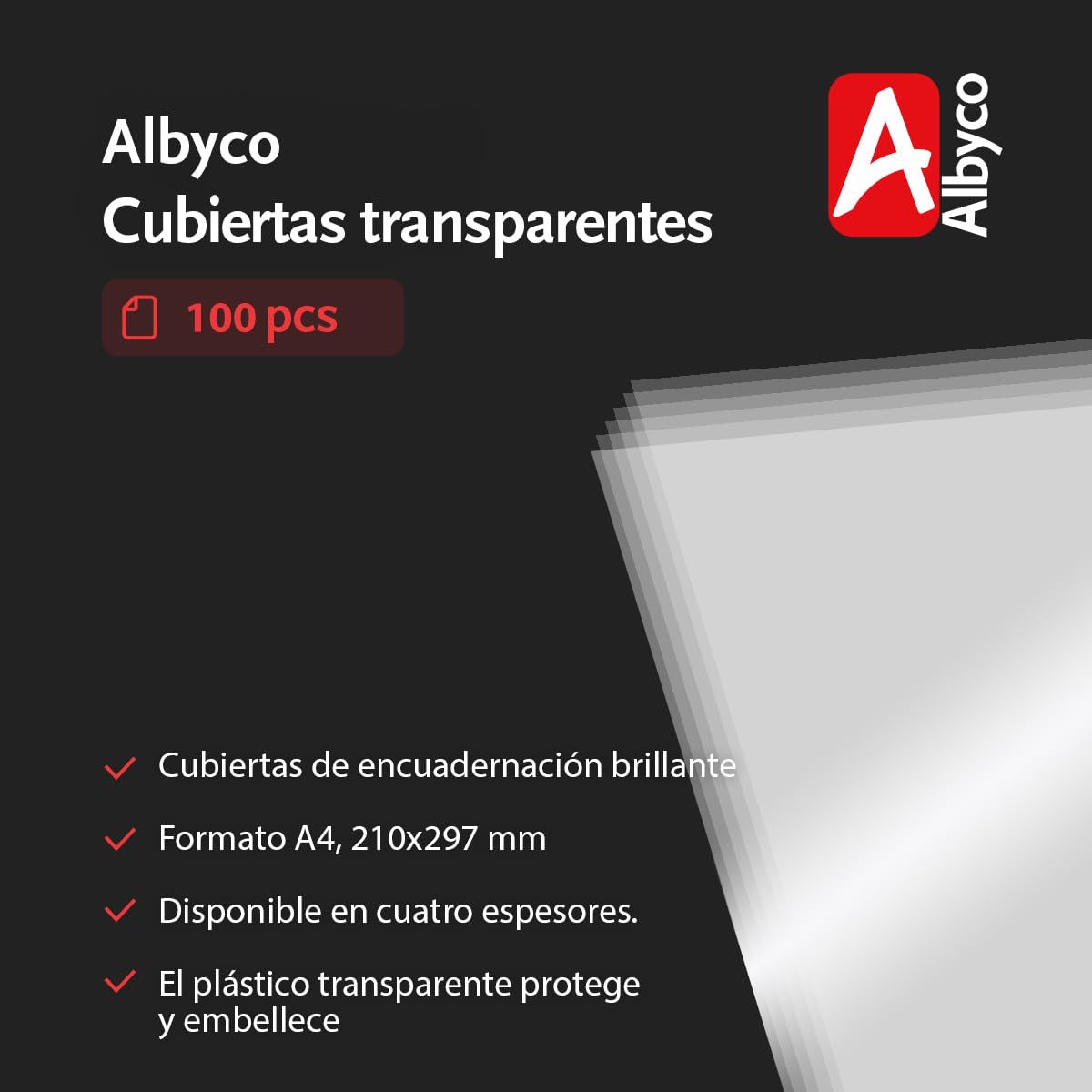 Albyco Cubiertas Transparentes Brillantes, Portadas para Encuadernar de PVC Grosor 0,15 mm/150 Micras, Tamaño A4 (210 x 297 mm), Hojas plastico PVC