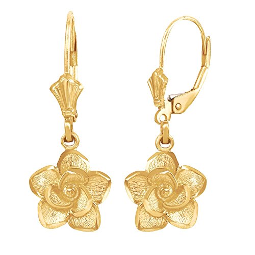 10K Yellow Gold 1 Long Carved Rose Flower Blossom Dangle Style Lever back Earrings