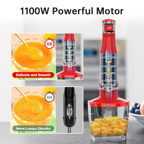 Image of Immersion Blender Handheld Corded Hand Blenders Set 1100W, Trigger Variable Speed 5 in 1 Stick Emulsifier with Chopper, Whisk and Frother for Soup, Baby Food and Smoothies, Christmas red